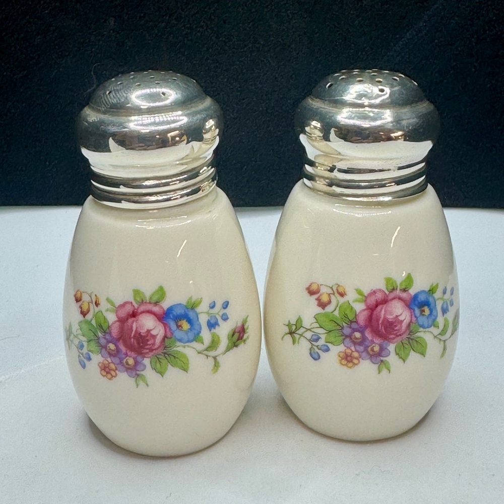 VTG Lenox Rose Salt Shaker and Pepper Shaker & Sterling Silver Lids